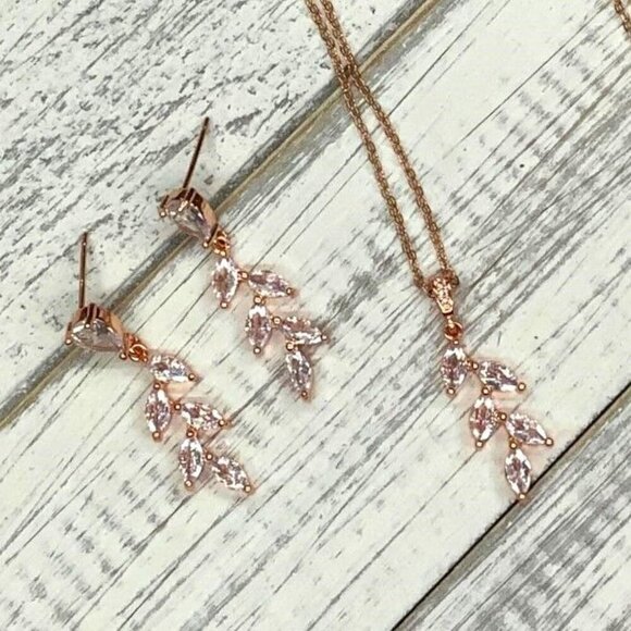 Cubic Zirconia Olive Branch Pendant Necklace Earring Set Rose Gold - Picture 3 of 3